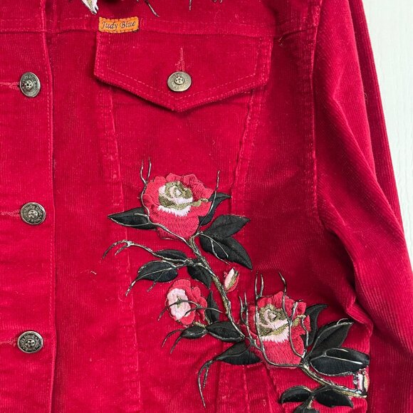 Judy Blue Womens Red Corduroy Embroidered Button-Up Jacket L Unique Retro Boho‎ - Picture 2 of 11